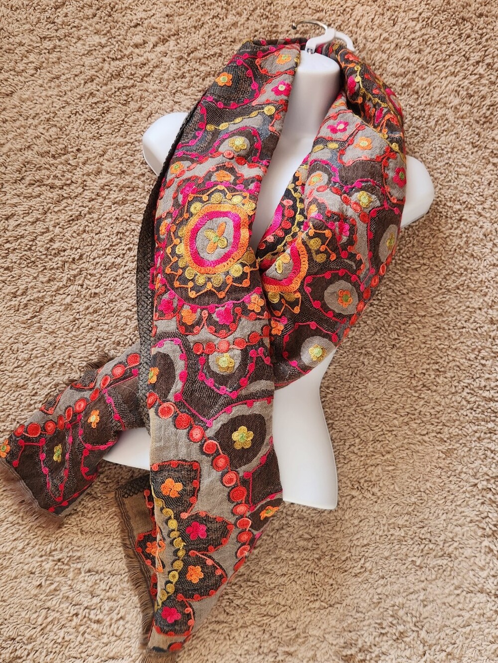 Embroidered Circular Mandala Floral Scarf 100% Merino Wool Fringe Shawl Wrap